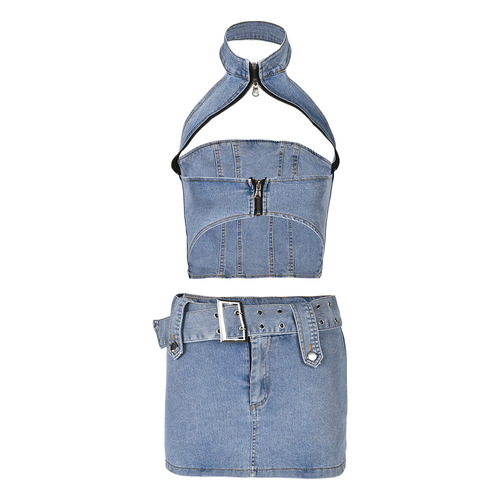 European and American fashionable denim suit summer new hot girl halter neck slim short top and skirt pants two-piece set for women