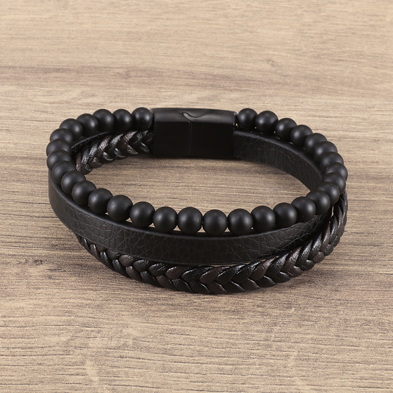 Bracelet en cuir de pierre volcanique de pierre naturelle de vente chaude, bracelet tissé en cuir multicouche pour hommes_voghion.com