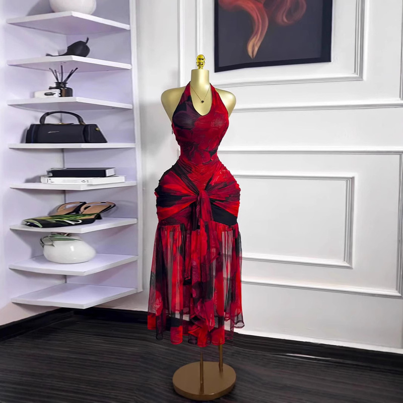 In Stock 2025 Cross-Border European and American Summer Halterneck Dress Women's Hip-Covering Sexy Elegant Printed Backless Long Skirt