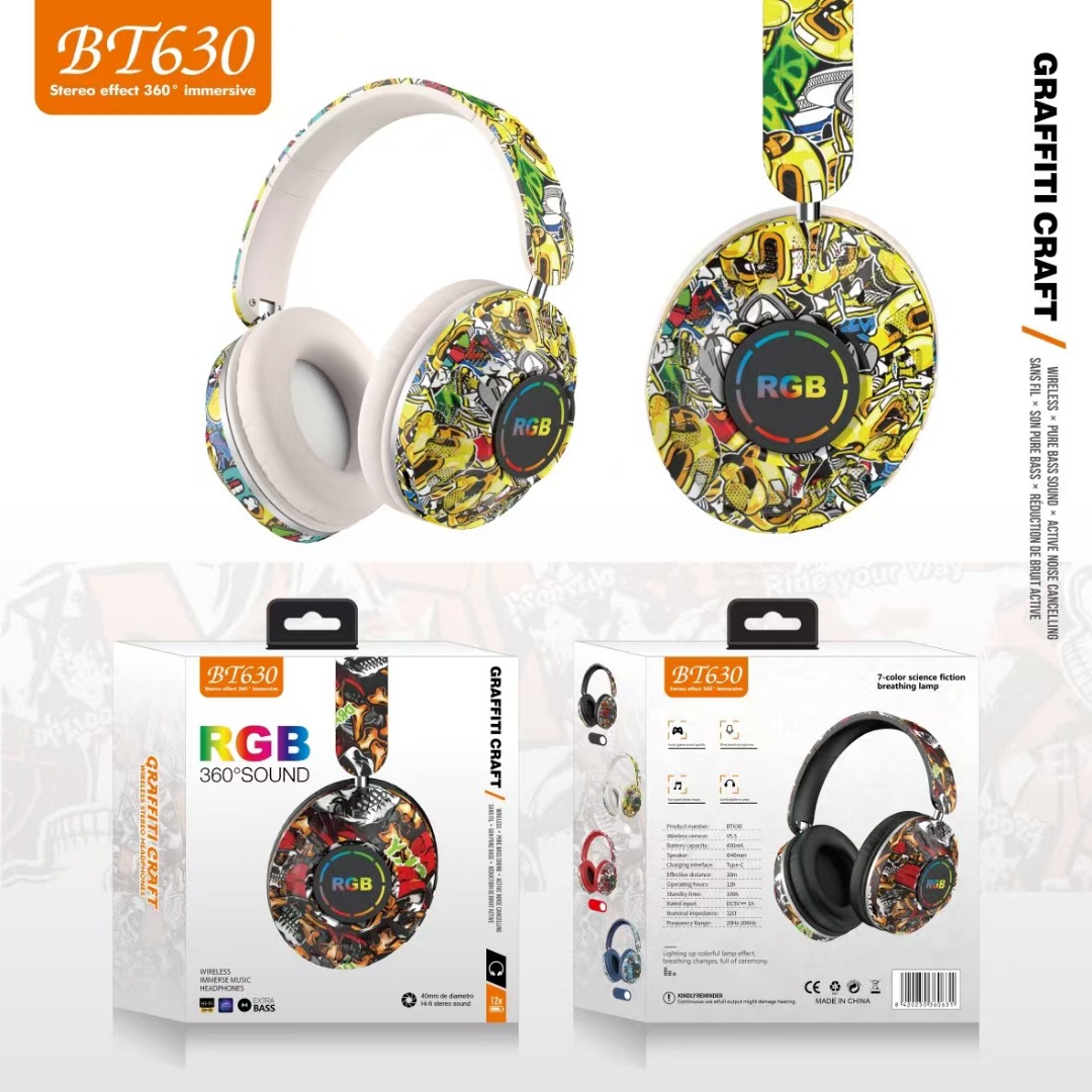 BT630 auriculares Bluetooth de estilo caliente auriculares inalámbricos marea nacional graffiti nuevo deporte de música estéreo luminoso