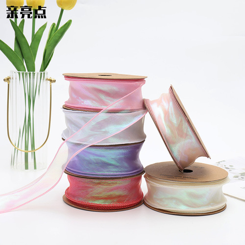 Wholesale  new flower shop materials flower bouquet packaging silk ribbon pearlescent wave colorful mermaid ribbon