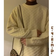 棋盘格复古扭花毛衣男秋冬宽松慵懒风圆领线衣美式潮牌针织衫外套