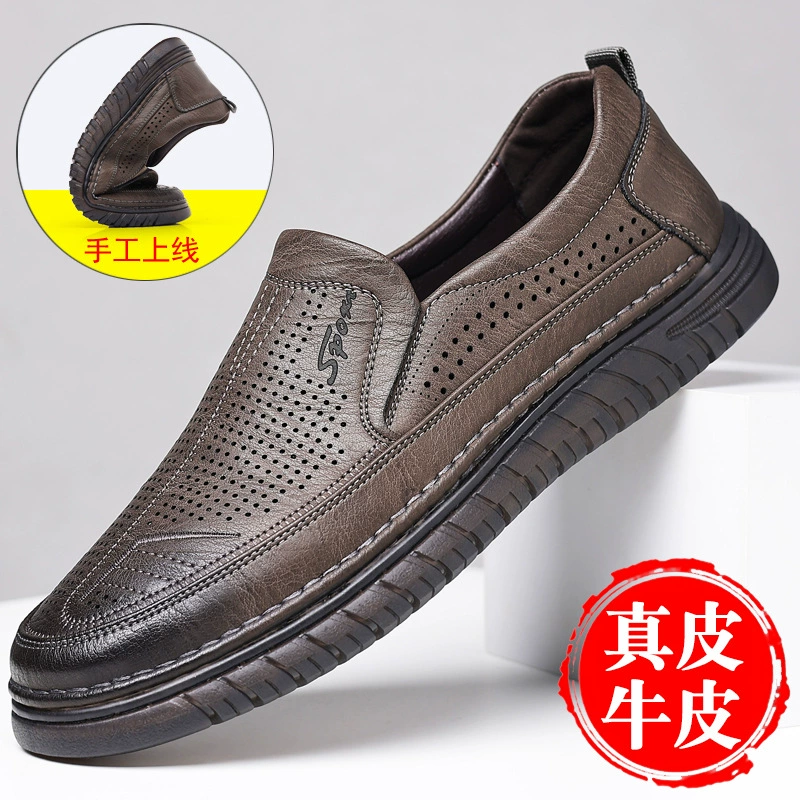 Мужская обувь, новые летние дышащие кожаные сандалии, мужская повседневная кожаная обувь, кожаная обувь с отверстиями на мягкой подошве, туфли без шнуровки для папы