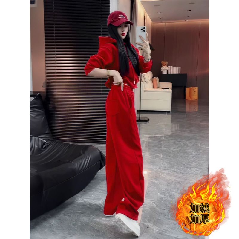 安可拉红色运动套装女秋冬新款宽松休闲卫衣阔腿裤时尚加绒两件套|undefined