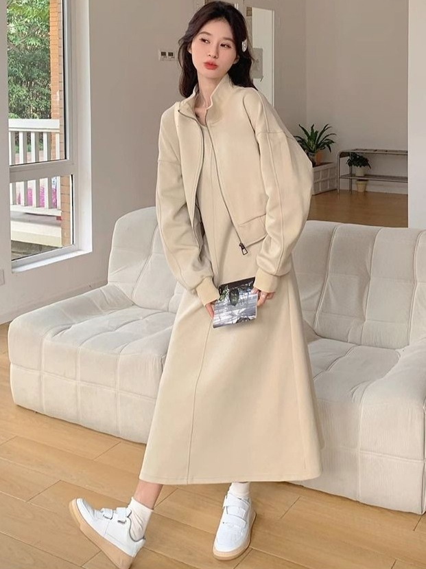 Sweet and Gentle Style Khaki Age-Reducing Dress Suit for Women Autumn and Winter New Vest Dress Cardigan Jacket Two-Piece Set