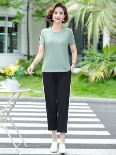 Middle-Aged and Elderly Ladieswears Summer Clothes Sports T-Shirt Casual Suit Women Summer Loose Plus Size Fashion Short Sleeve Two-Piece Suit