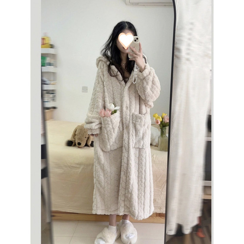 Jacquard coral velvet pajamas for women in winter with velvet thick warm flannel long hooded autumn and winter pure color nightgown