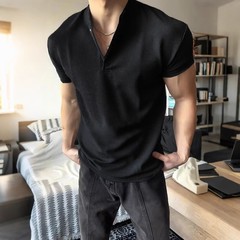 ブラックアメリカンショルダーヘンリーカラー半袖メンズポロシャツヘビーウェイトタイトカフスTシャツフィットネスメンズウェア