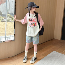 女童涂鸦套装夏装2024夏季新款中大童时尚韩版短袖牛仔短裤两件套