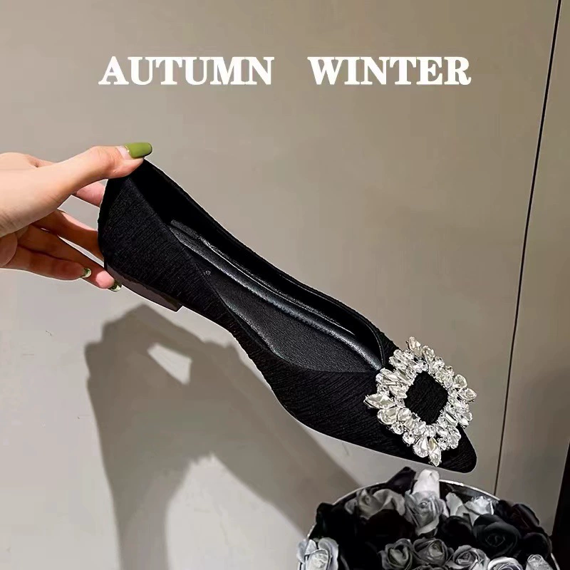 Женские туфли-лодочки с заострённым носком, французский стиль, весна-осень 2025, с камнями, чёрные, элегантные