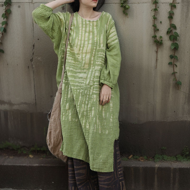 Shanqiannianyi spring Mori cotton and linen midi dress artistic texture fresh handmade rubbing stripes dress