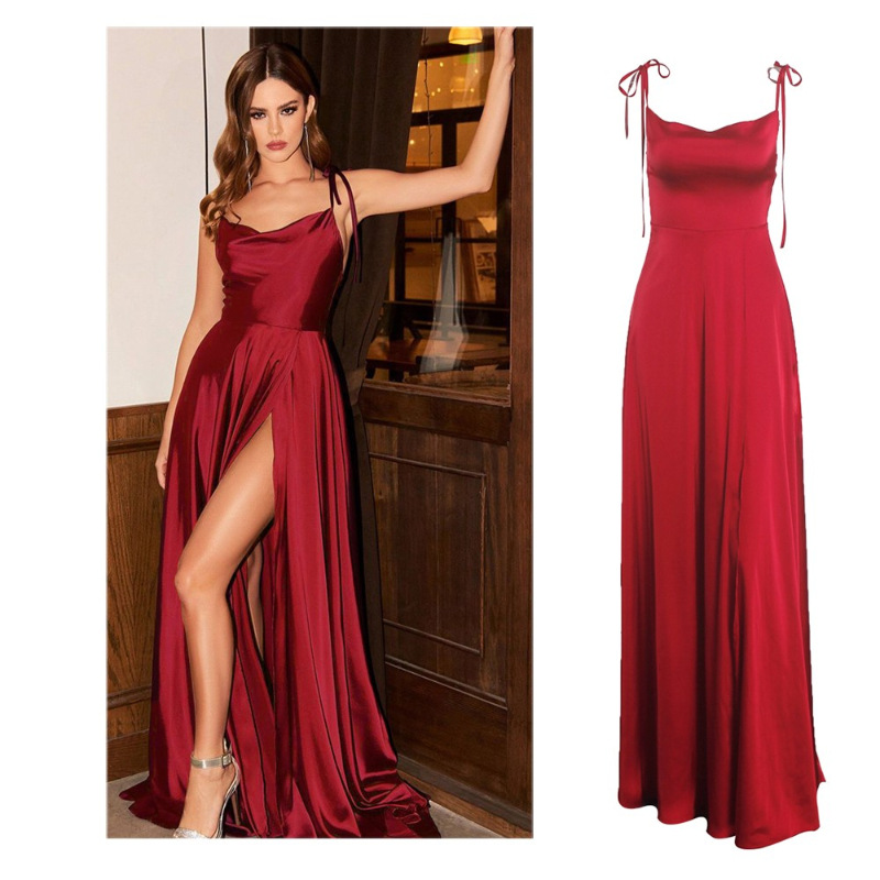 Women's Evening Dress Satin Square Neck Split Long Prom Gown_voghion.com