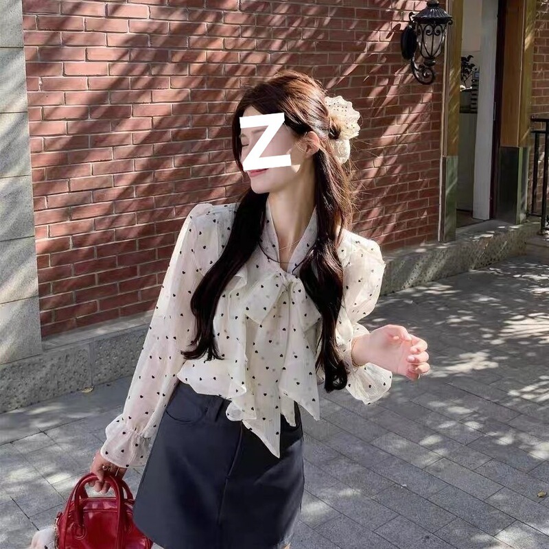 2025新款法式高级感荷叶边波点衬衫女春季设计感绑带宽松别致上衣|undefined