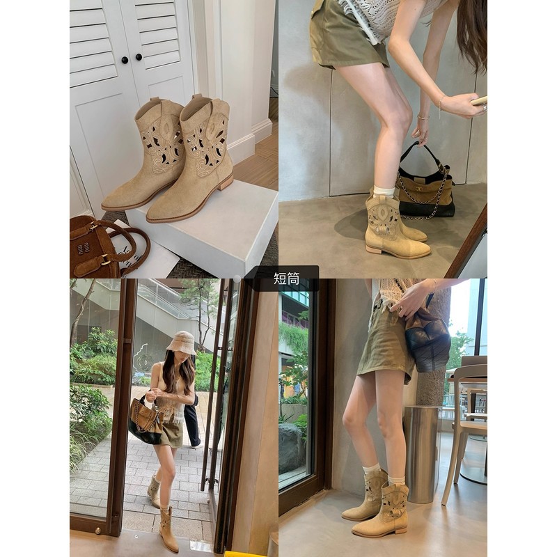 牛皮版~葡萄妈尖头镂空刺绣西部牛仔靴女中短筒粗跟棕色骑士靴子|undefined