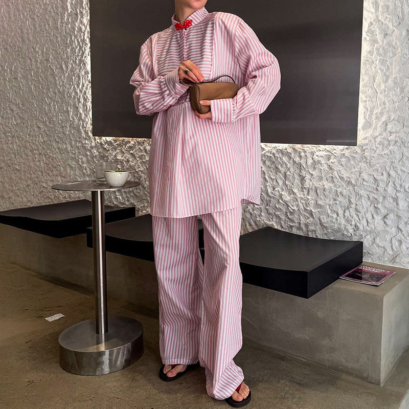 秋冬新款中式纽扣粉色条纹长袖长裤套装女设计感气质时尚2025跨境|undefined