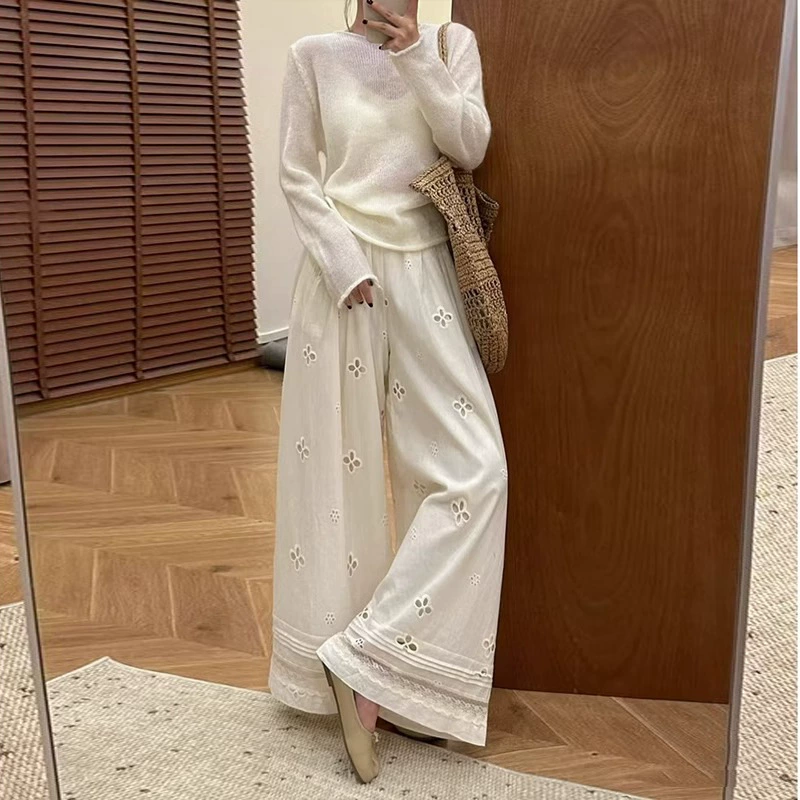 Широкие брюки с кружевными вставками в корейском стиле для женщин, летние тонкие брюки 2025 года, новые свободные повседневные брюки с высокой талией