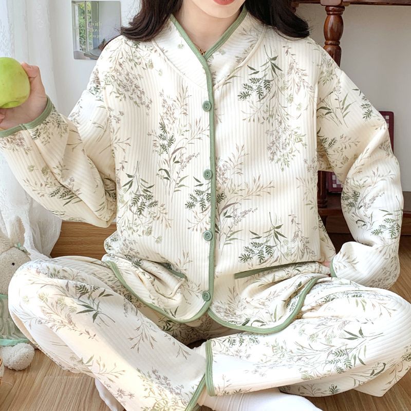 (2개) 가을 겨울 임산부 파자마 에어 인터레이어 가슴 패드 2피스 세트 유행 국가 스타일 모유 수유 산후 옷 가정복