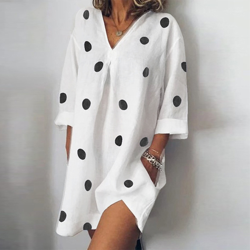 Women's V-neck double pocket large size print casual beach dress
