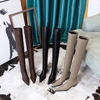 009-22 European and American fashion pointy toe thick heel knee high boots appear thin and versatile elastic thin boots high boots for women