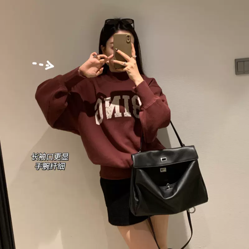BING同款平替女式卫衣24冬季新款美式复古加绒深紫色字母休闲卫衣