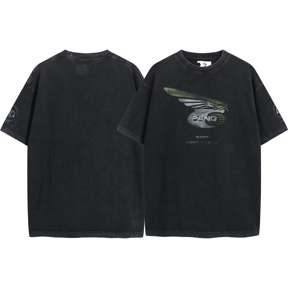 Nicho de marca PANQ lavado con agua para hacer vieja impresión de logotipo borroso verano versátil nuevo hombre y mujer camiseta de manga corta suelta