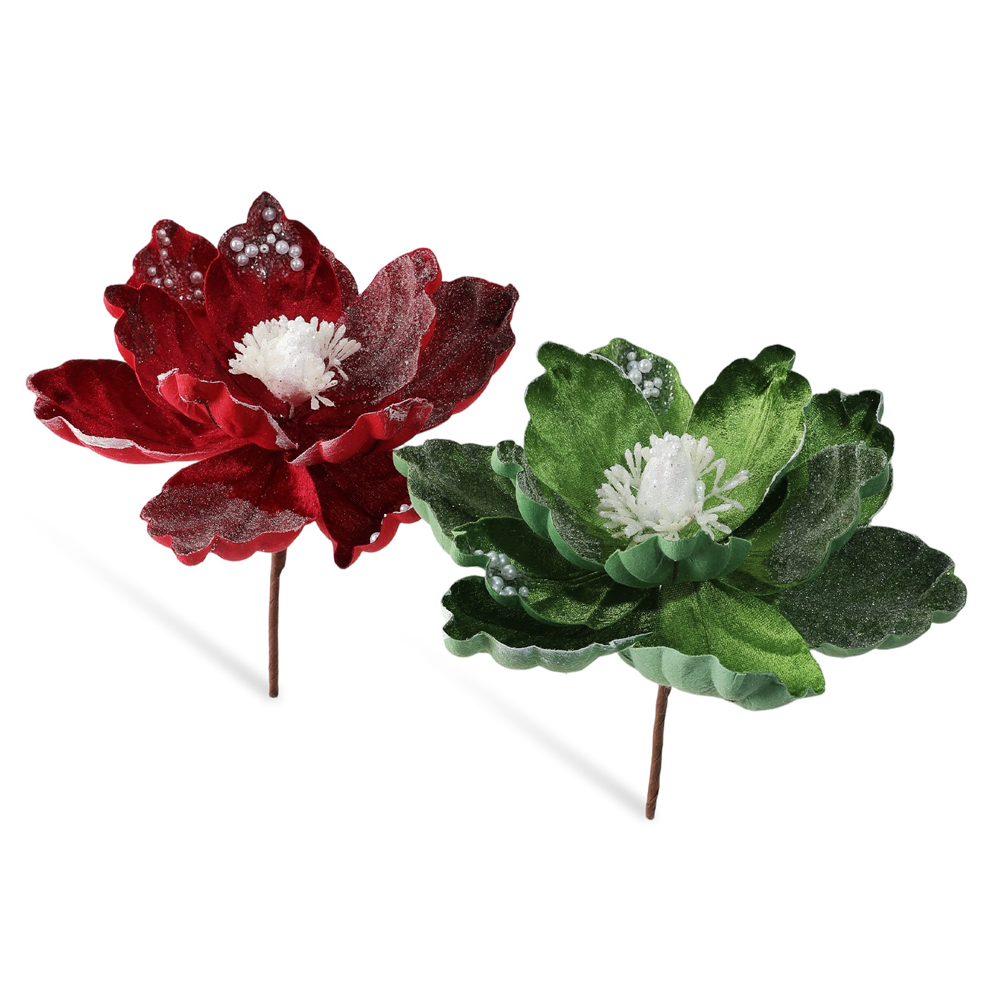 Nuevo producto 15CM flocado de polvo de viscosidad flor de Navidad magnolia de alta calidad tela de lujo decoración de Navidad imitación flores