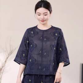 苎麻套装女2026夏季新款苎麻刺绣T恤衫女简约松紧腰休闲两件套