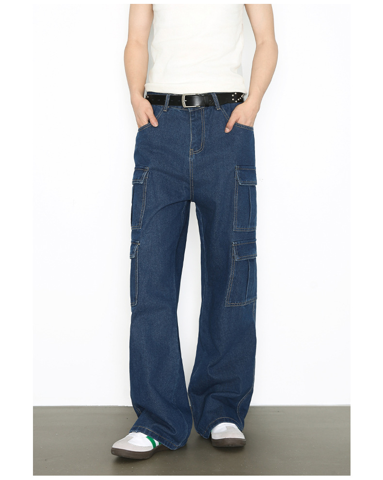 Vintage Washed Denim Cargo Pants - Relaxed Fit Multi-Pocket Workwear Jeans For Men_mkmklike.com