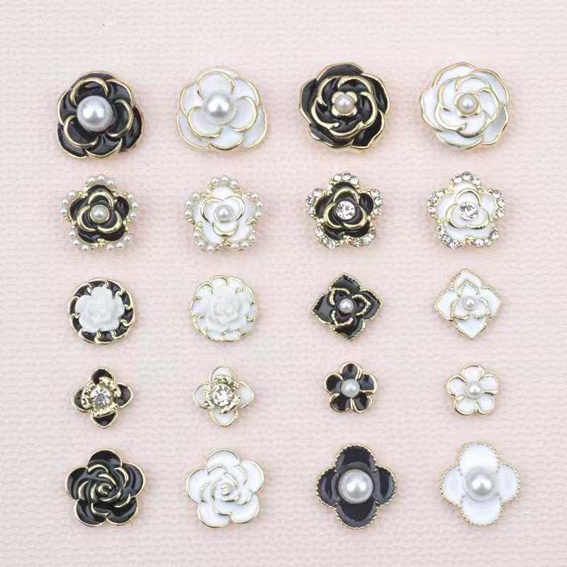 Internet Celebrity Small Fragrance Style Manicure Alloy Jewelry Pearl Camellia Black and White Simple French Nail Metal Accessories