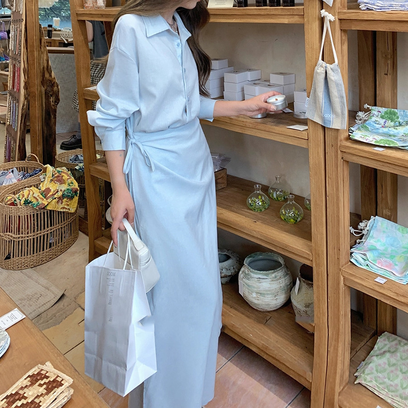 【蓝屿海岛】2025早秋新品设计感假两件天丝衬衫连衣裙收腰裙长裙|undefined