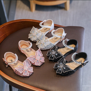 2024 Summer new girls' sandals Korean style bow princess shoes baby soft bottom bright diamond dance shoes performance shoes