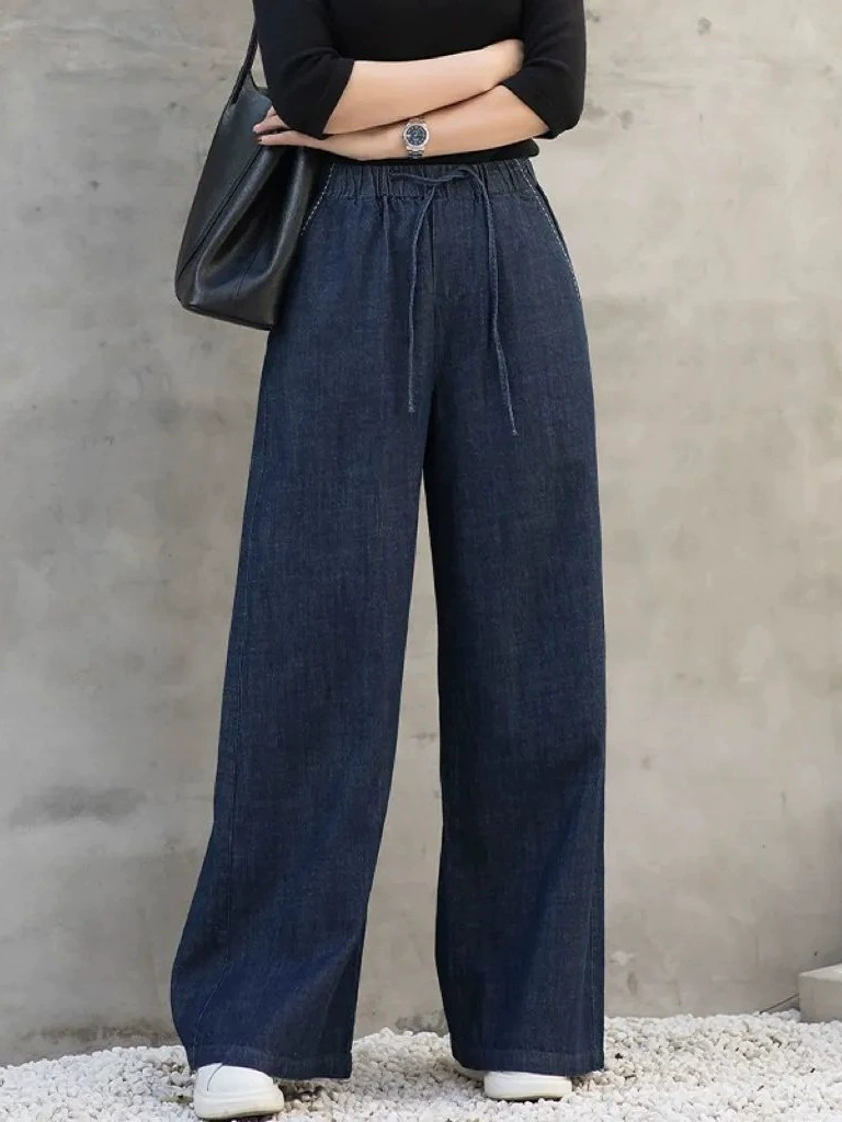 Retro colored trousers, thin loose straight jeans, high waist, loose fit, elastic waist, drawstring