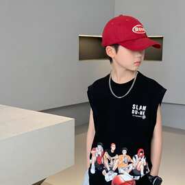 背心男童夏季2025新款潮牌百搭青少年无袖t恤宽松坎肩上衣潮t圆领
