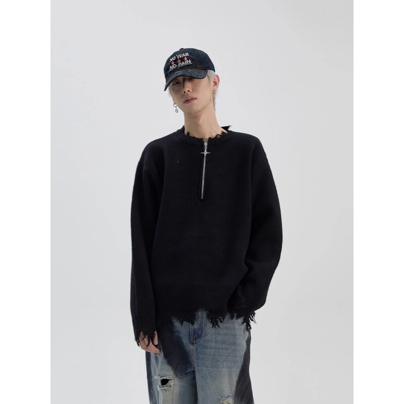 American-style High Street Scrap Half Zipper Broken Pullover Sweater Men's Autumn and Winter Loose Street Design Sense Knitwear