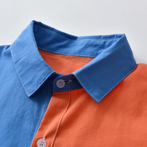 跨境童装男童翻领上衣蓝橘拼接纯棉短袖衬衫绅士儿童短袖儿童衬衫