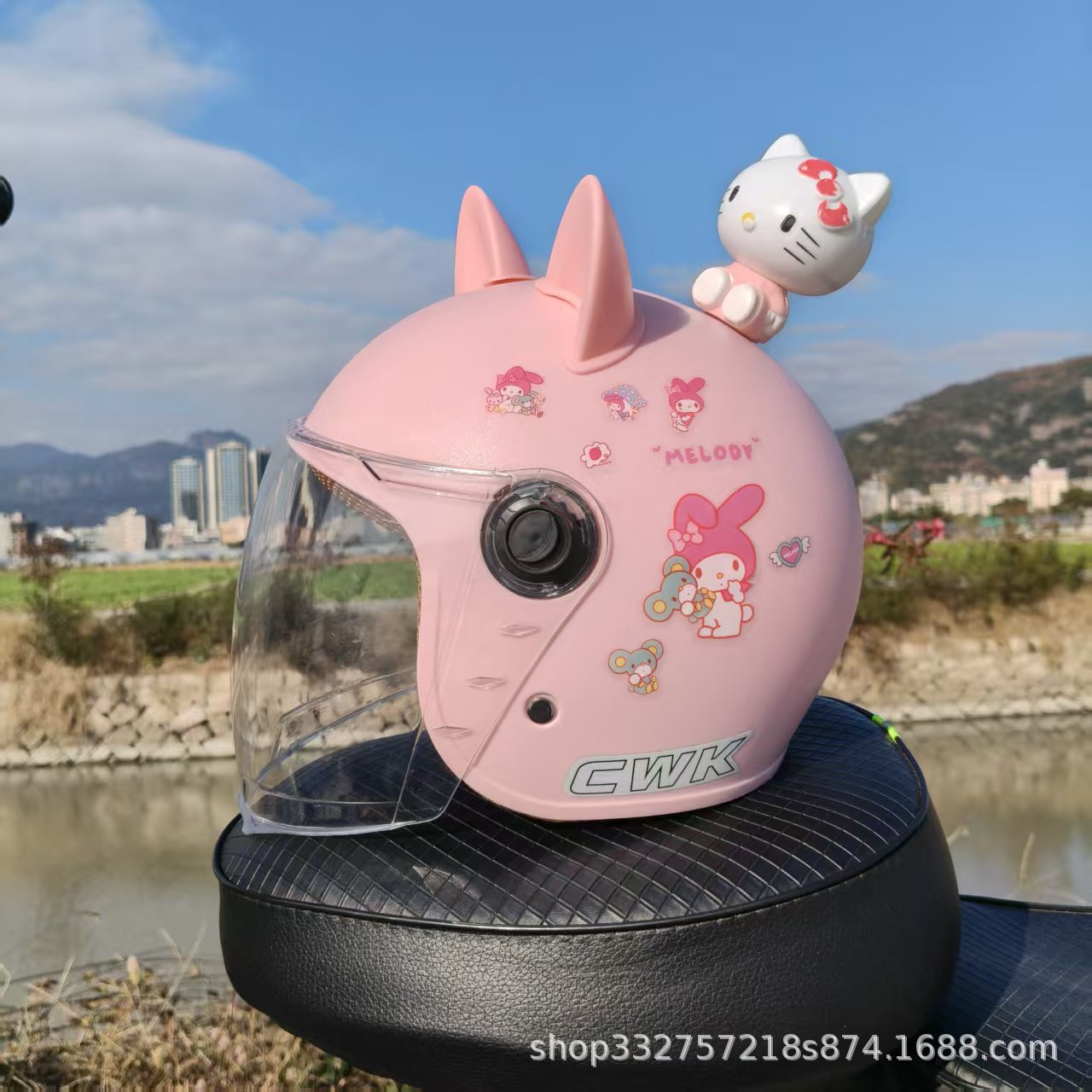 Motosiklet kaskı (dəbilqə) — Motuoche Motorcycle Helmet - peach-pink-melody-hd-long-visor-pink-cat-ears-kt-cat-1-5-years-old-toddler-winter-helmet