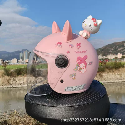 Motosiklet kaskı (dəbilqə) — 3C Certified 1-4-12 Year Old Kidsren's - peach-pink-melody-high-definition-long-mirror-pink-cat-ears-kt-cat-boy-fall-and-winter-helmet-for-children-aged-1-5-years-old