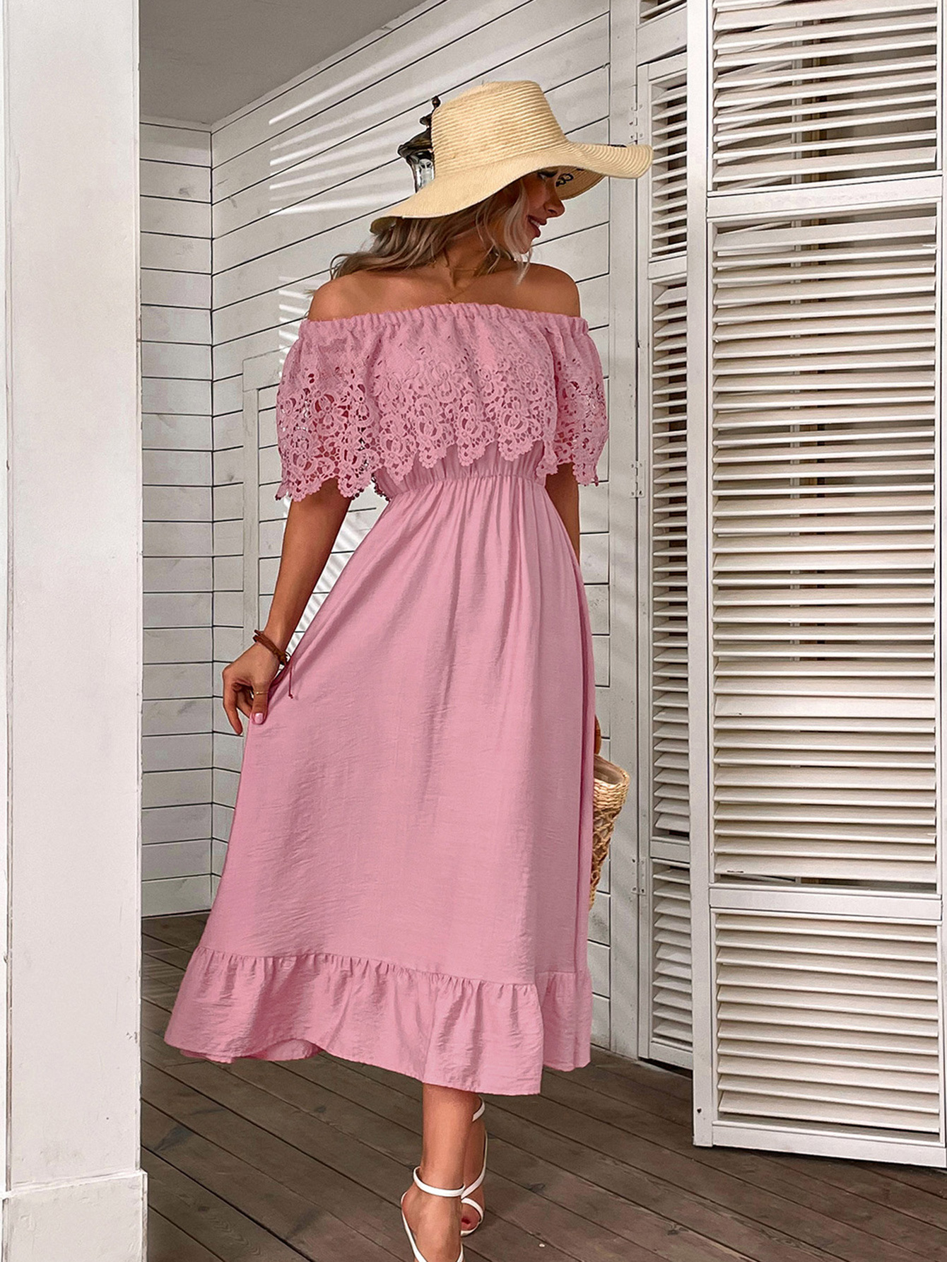 Frau Swing-Kleid Einfacher Stil Bootshals Aushöhlen Halbarm Einfarbig Maxi Langes Kleid Ferien Täglich display picture 5