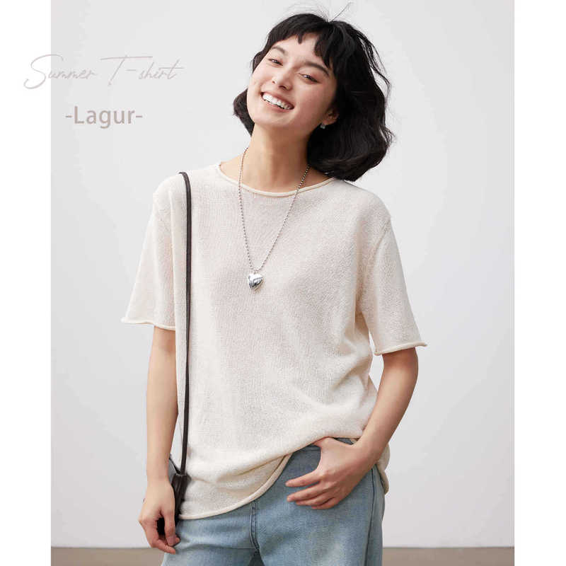 Relaxing Summer ~ Mulberry Silk Loose Rolled Hem Round Neck Short Sleeve Washi Yarn Knit T-Shirt for Women, Loose Thin Summer Top