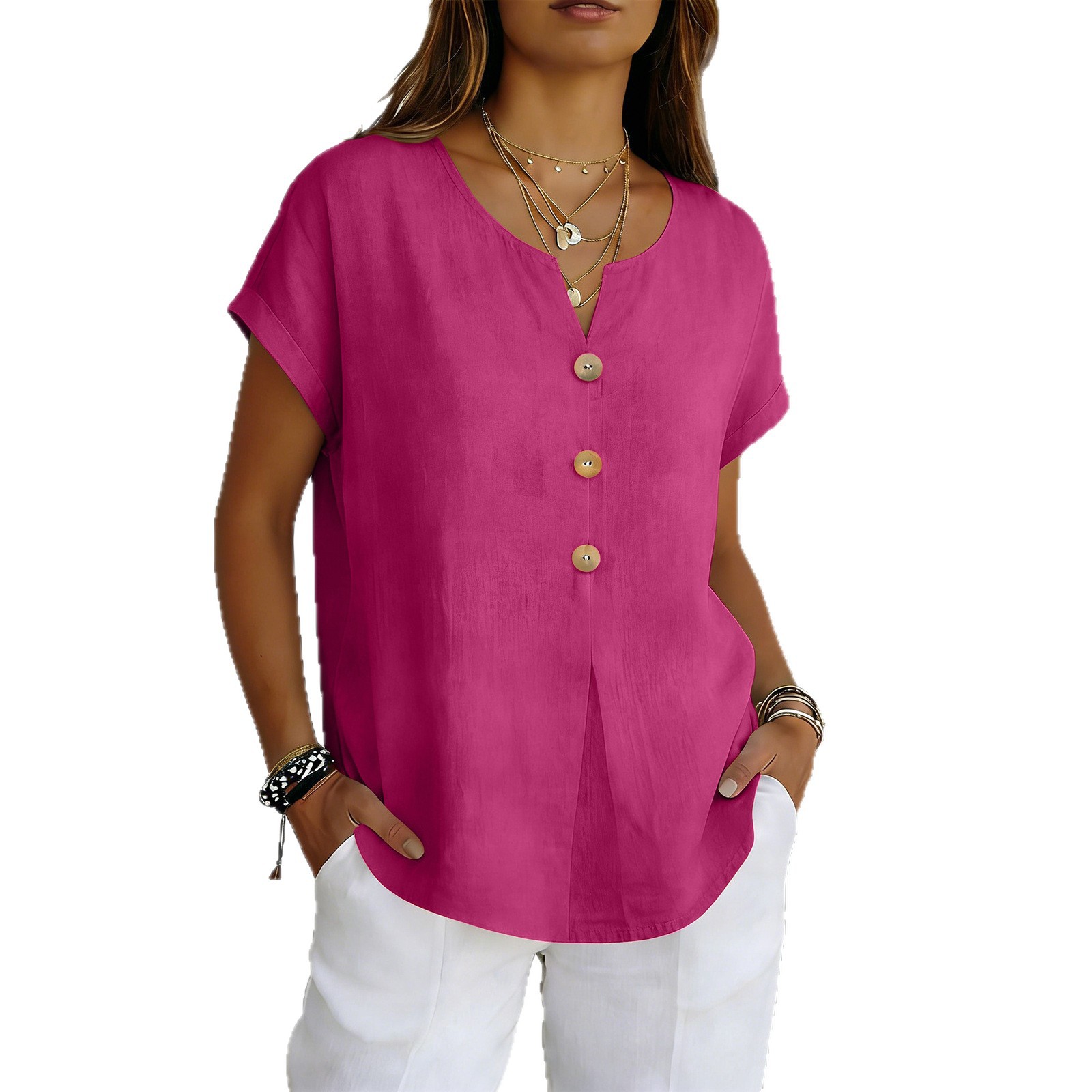 Breathable Button-Front V-Neck Blouse, Loose Fit Short Sleeve Top For Women, Soft Polyester Casual Shirt For Work And Daily Wear_ecoleips.com