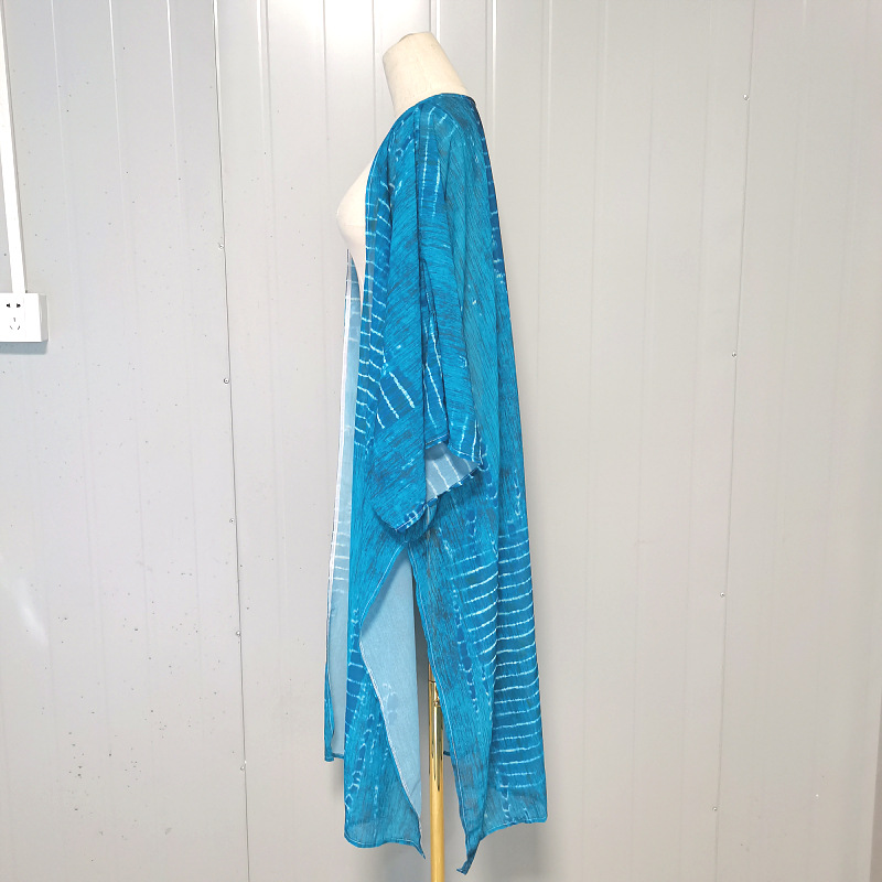 Amazon gasa impreso cardigan media longitud vacaciones protector solar cardigan bikini prendas de baño de las mujeres blusa xf71