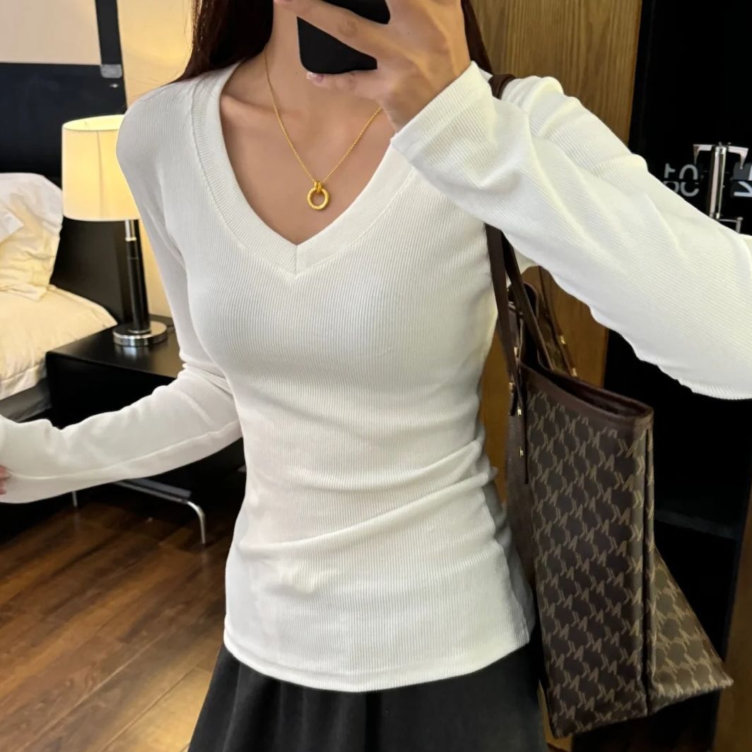 韩系早秋薄款上衣白色内搭长袖v领正肩t恤2025新款打底衫女