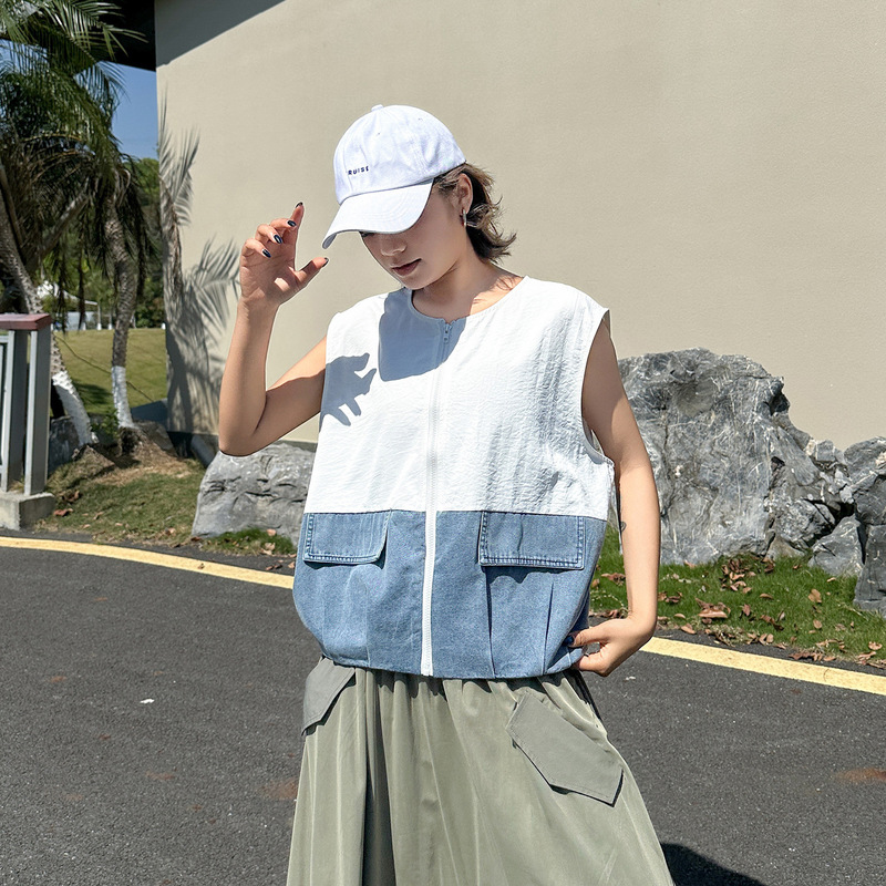260348 Cross-Border Y2K Summer New Product European and American Style Loose Casual Patchwork Denim Color-Blocking Women's Vest
