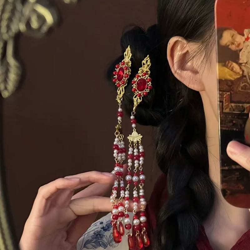 「红妆素裹」新中式国风红色宝石流苏发夹女2025年新款高端边夹|undefined
