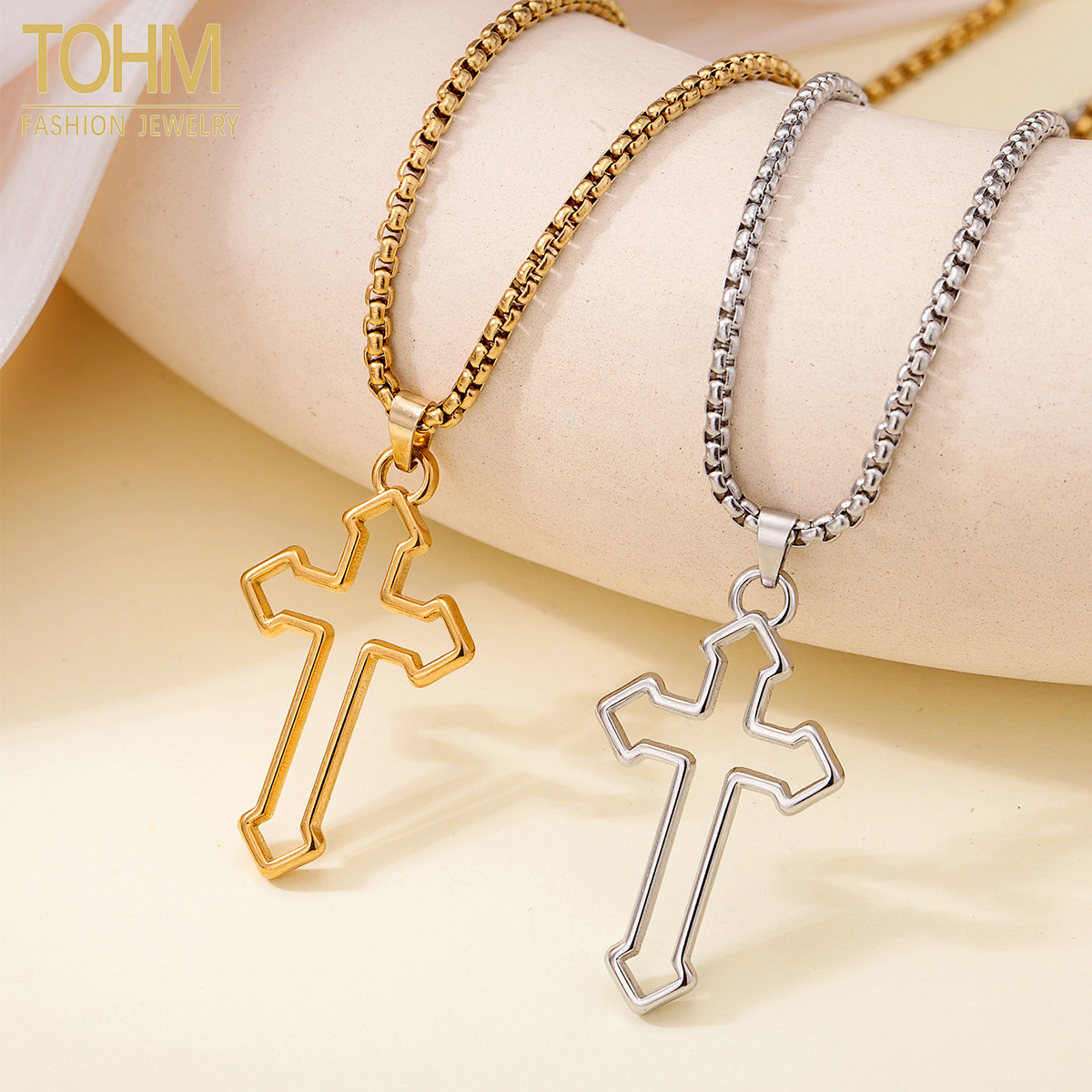 Tohm Cross-Border Hot-Selling Stainless Steel Hollow Cross Accessory Necklace Men's Fashion Design Long Sweater Chain Wholesale