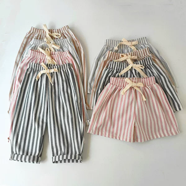 Men's and Women's Cotton and Linen Striped Trousers Spring and Summer Girls' Loose Striped Trousers Korean Casual Lace-up Trousers for Children