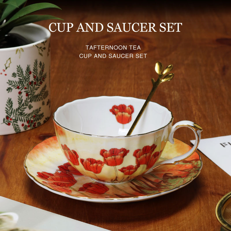 Juego de tazas y platillos de café de cerámica exquisita floral, porcelana de hueso de alto valor, juego de té de la tarde de estilo europeo, caja de regalo, productos de cola de exportación