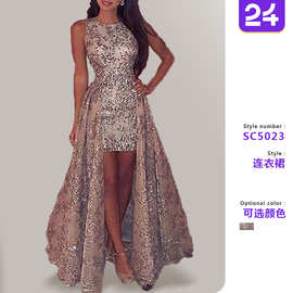2026新款欧美跨境女装亚马逊长裙无袖性感开叉礼服修身收腰连衣裙