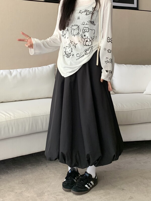 松紧腰显瘦灯笼花苞半身裙女秋季2025新款白色长裙中长款蓬蓬裙子|undefined