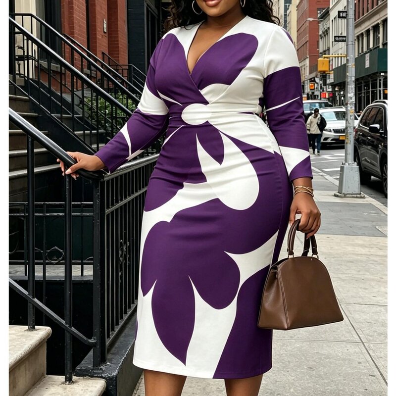 2026 cross-border temu independent site spring-summer new plus-size V-neck bodycon women's long-sleeve dress, elegant and stylish 2026 cross-border temu independent site spring-summer new plus-size V-neck bodycon women's long-sleeve dress, elegant and stylish